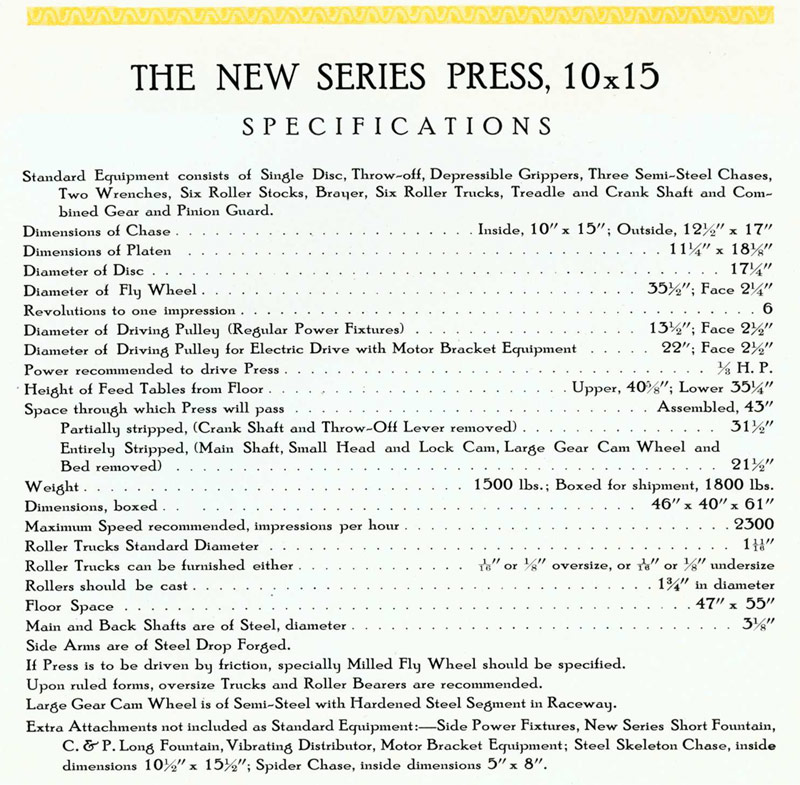 10x15
                  Chandler & Price Platen Press Specifications