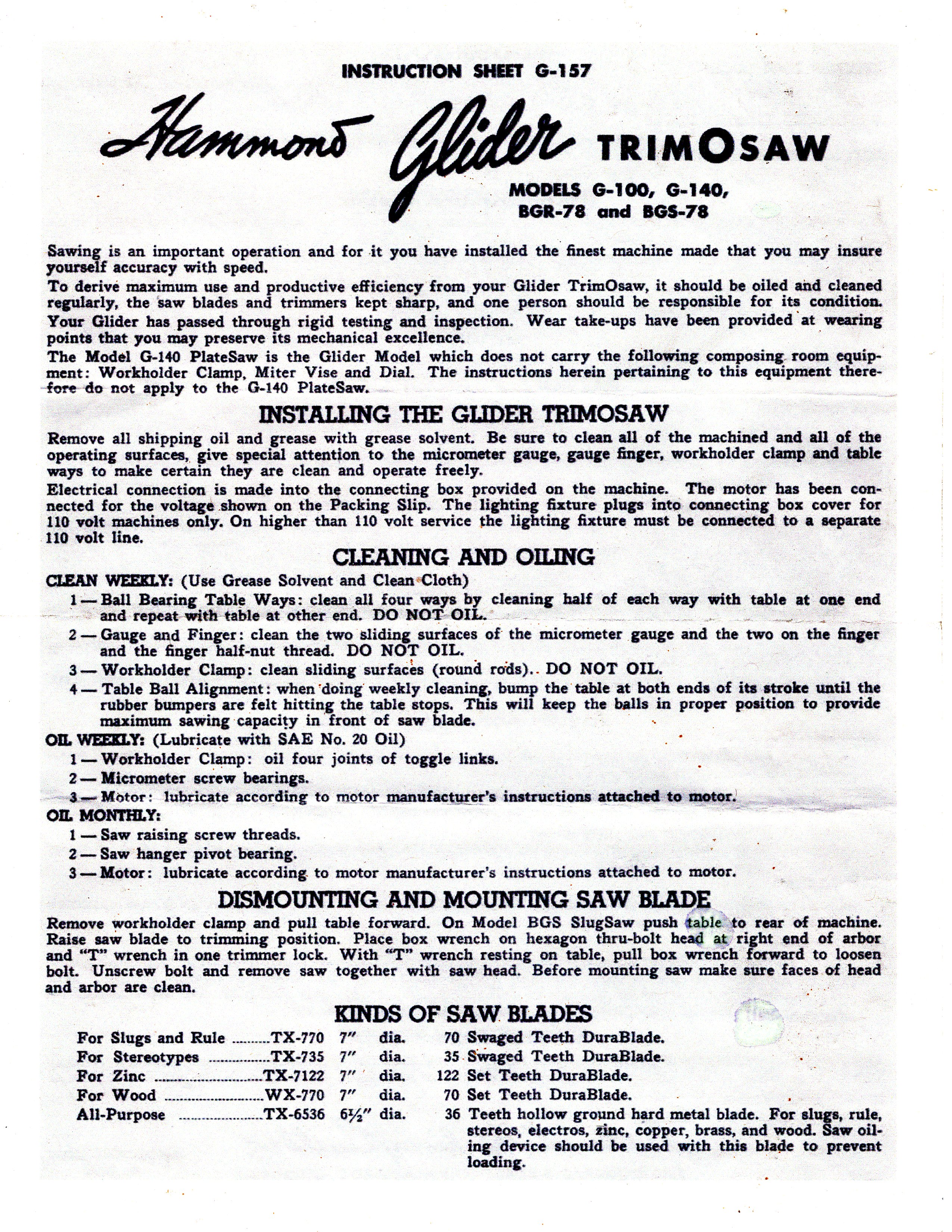 Hammond Glider Saws instruction sheet -
                          front