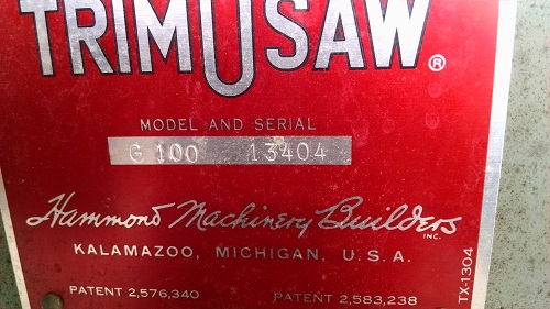 Hammond Glider Trim-o-Saw Model G-100  Name Plate