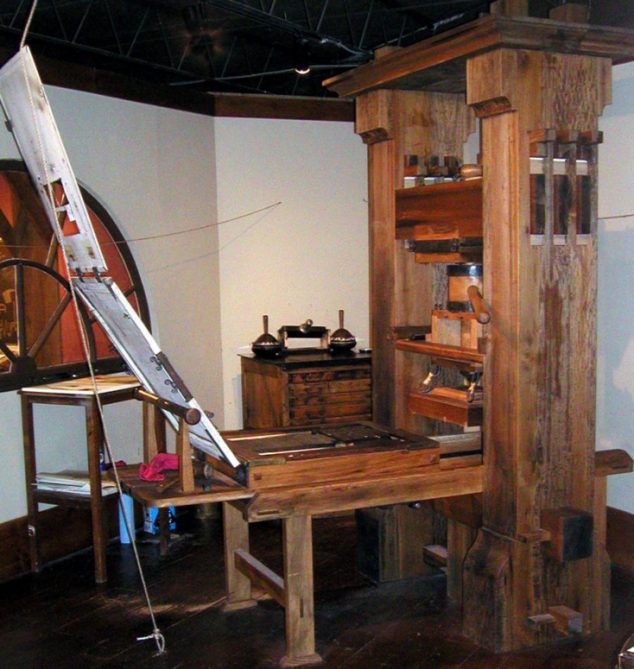 Press built by Steve Pratt to replicate
                Gutenberg's press