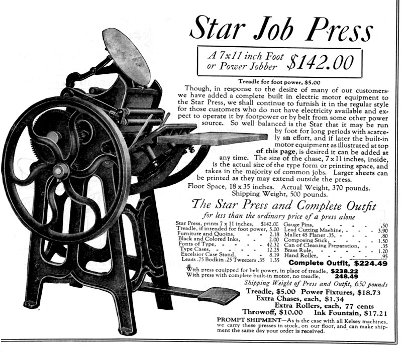 Kelsey Company Advertisement for Star
                      Printing Press